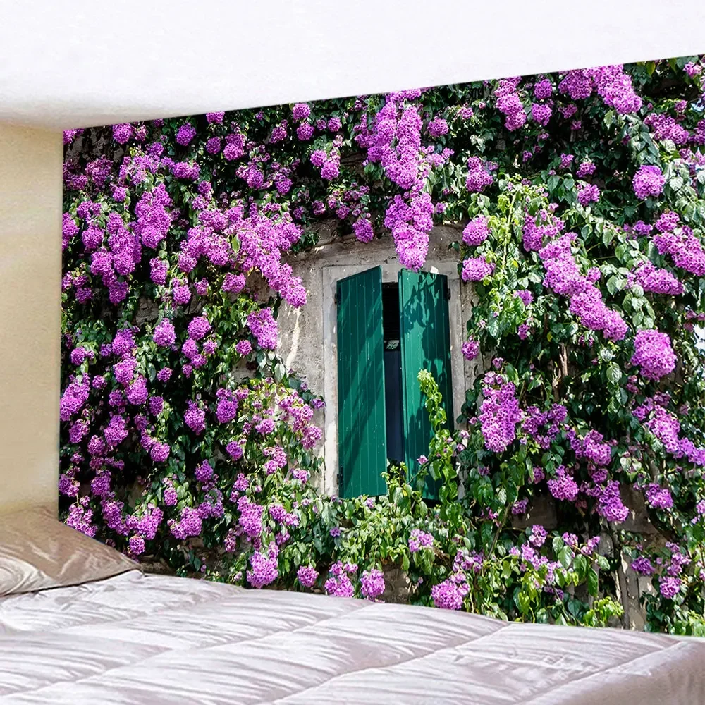 Tapestry Aesthetics Spring Flower Fence Tapestry Pink Rose Plant Flower Wall Garden Window Natural Scenery Home Decoration