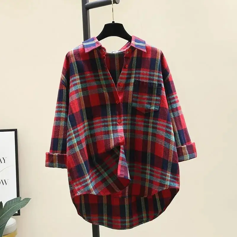 Plaid Vintage Polo-Neck Long Sleeve Loose Single Breasted Women\'s Blouse Shirt Korean Fashion Female Clothing Tops 2024 Spring