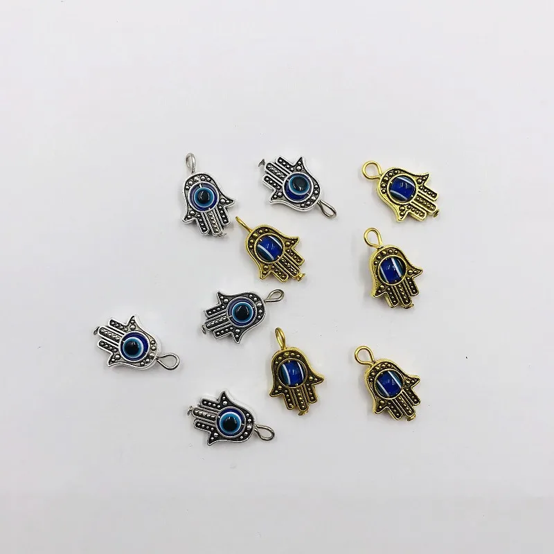 10Pcs Antique Silver Color Hamsa Fatima Hand Charm Evil Blue Eye Bead fit Pendant Necklace Bracelet Jewelry Accessories DIY