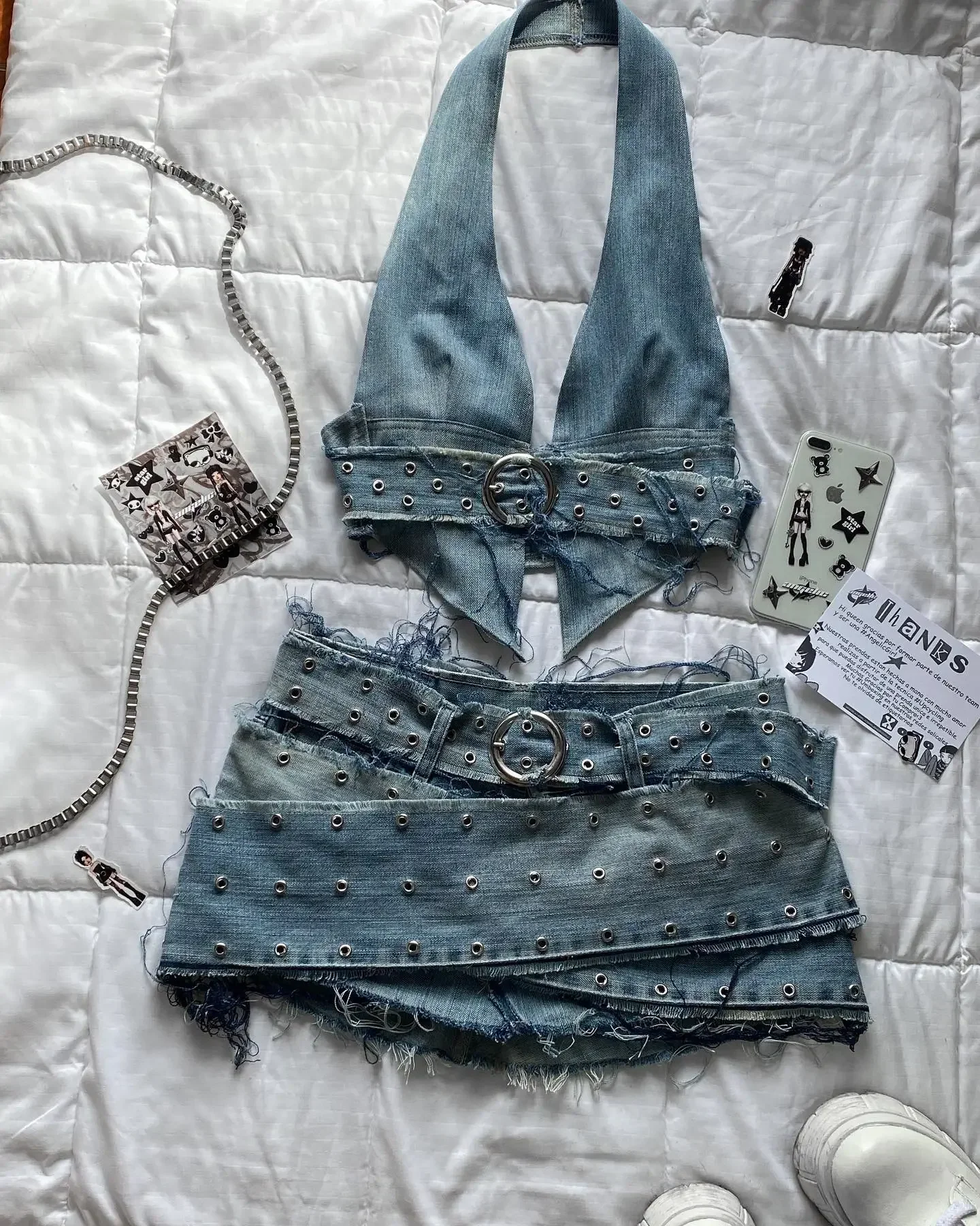 Y2K Light Blue Two Piece Sets Womens Outfits Gothic Vintage Denim Skirt Tops Sets Harajuku Sexy Slim Halter Tops Mini Hip Skirt