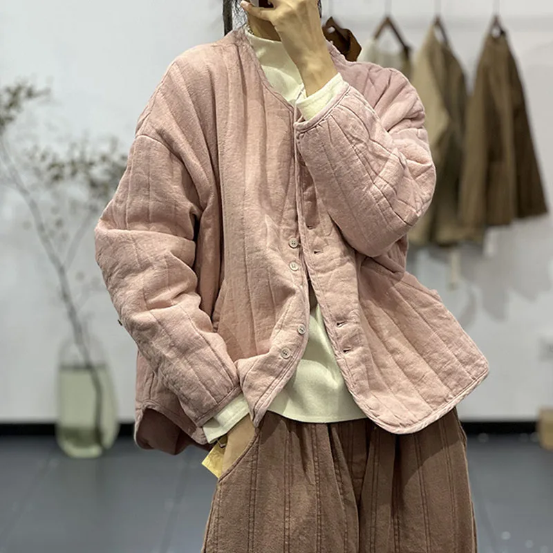 

Литературная ретро-куртка из хлопка и льна розового цвета, омолаживающая образ, женская осенне-зимняя легкая тонкая короткая повседневная куртка из хлопка