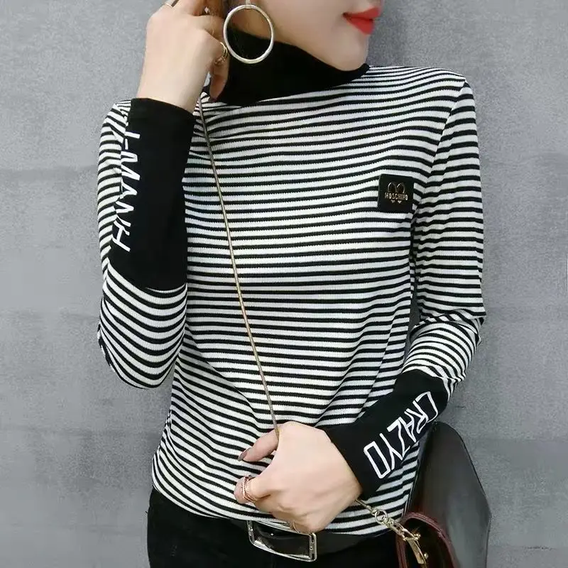 Commute Striped Letter Spliced T-shirt Female Clothing Fashion Patch Designs 2023 Spring Autumn Slim Korean Turtleneck Pullovers