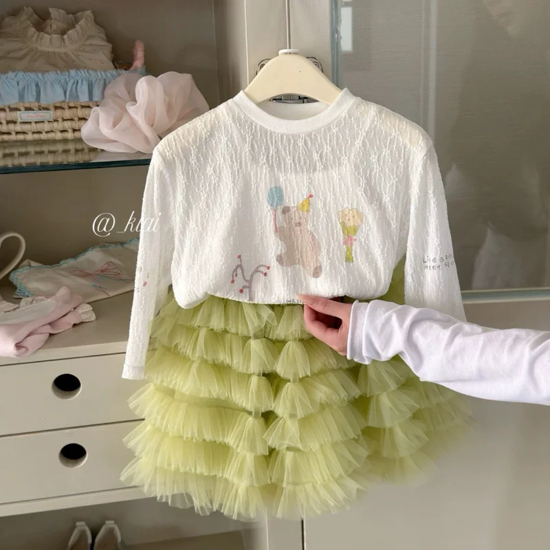 

Girls2026Spring season dress set for young children, new cartoon bear mesh designTShirt Top+Mesh cake skirt