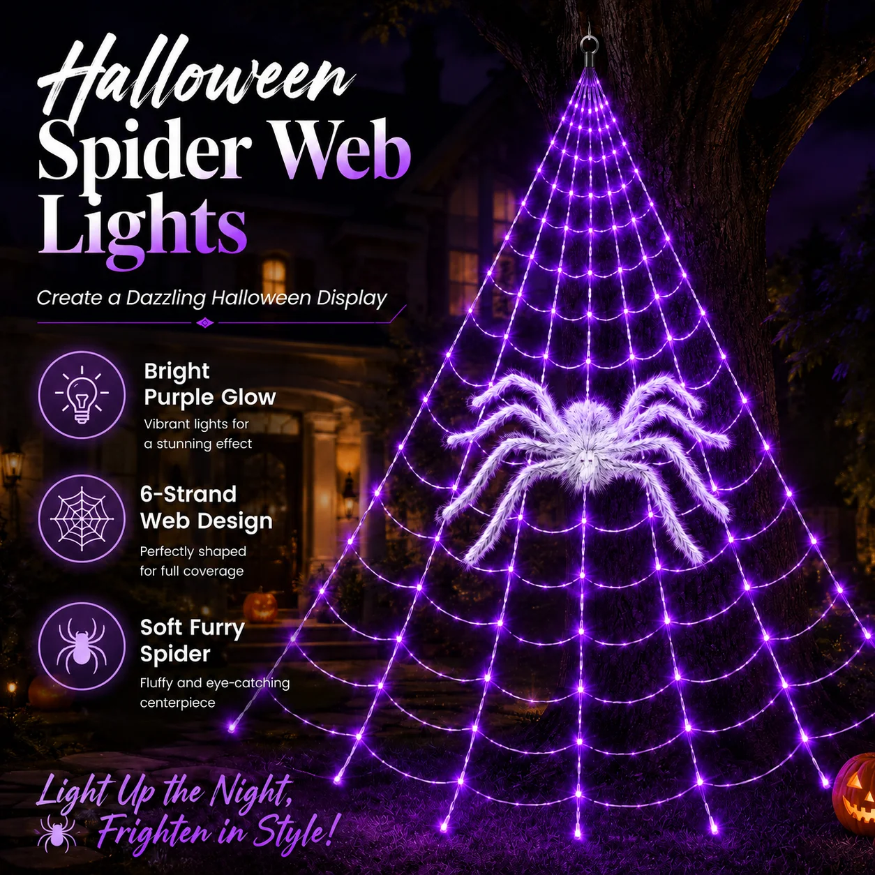 Luces Solares de Telaraña para Halloween, Luces LED Púrpuras con Forma de Araña Peluda, Decoración para Jardín, Patio, Árbol, Fiesta al Aire Libre