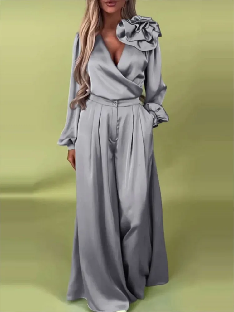 Camicia a maniche lunghe in raso tinta unita moda donna 2 pezzi primavera autunno nuovi pantaloni larghi larghi casual tasca set da ufficio femminile