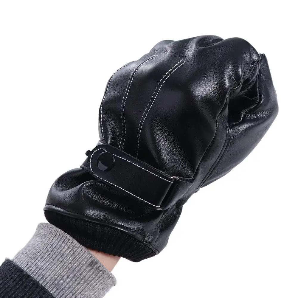 Keep Warm Men's PU Leather Gloves Thick Velvet Touch Screen Male Windproof Gloves Waterproof Soft Motorcycle Full Finger Mittens