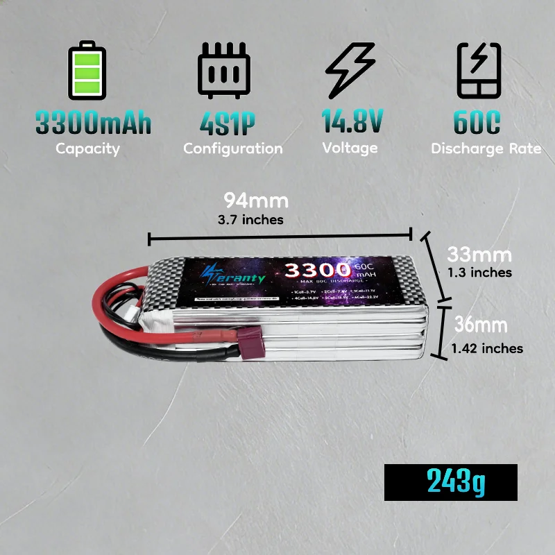 V2.0 14.8V 4S LiPo Battery 3300mAh 60C High Discharge XT60 XT30 T Connector RC Quadcopter RC Car 4WD Replacement Battery