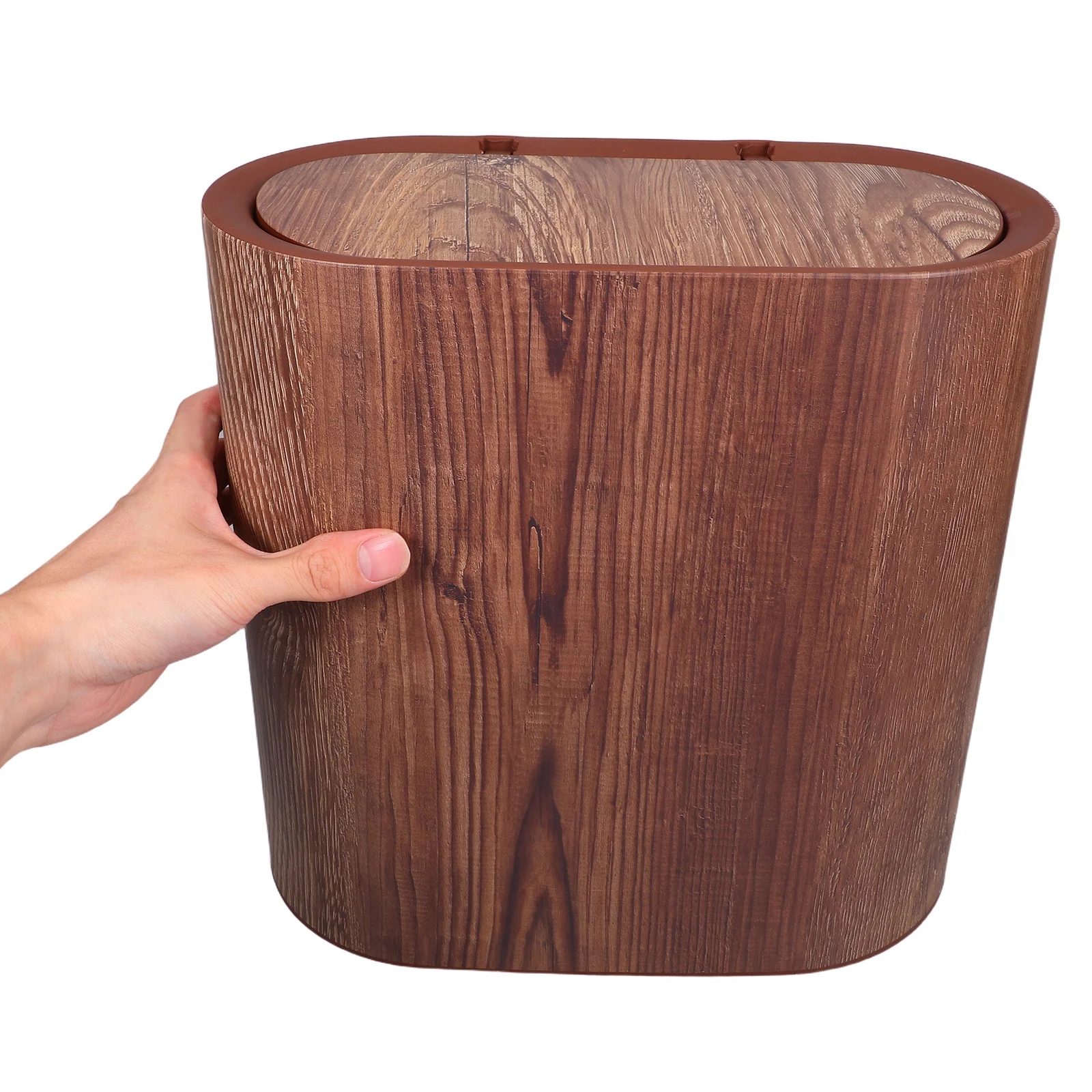 

Narrow Wood Grain Garbage Can 14L Slim Trash Bin with Lid for Bathroom Kitchen Office Home Plastic Wastebasket