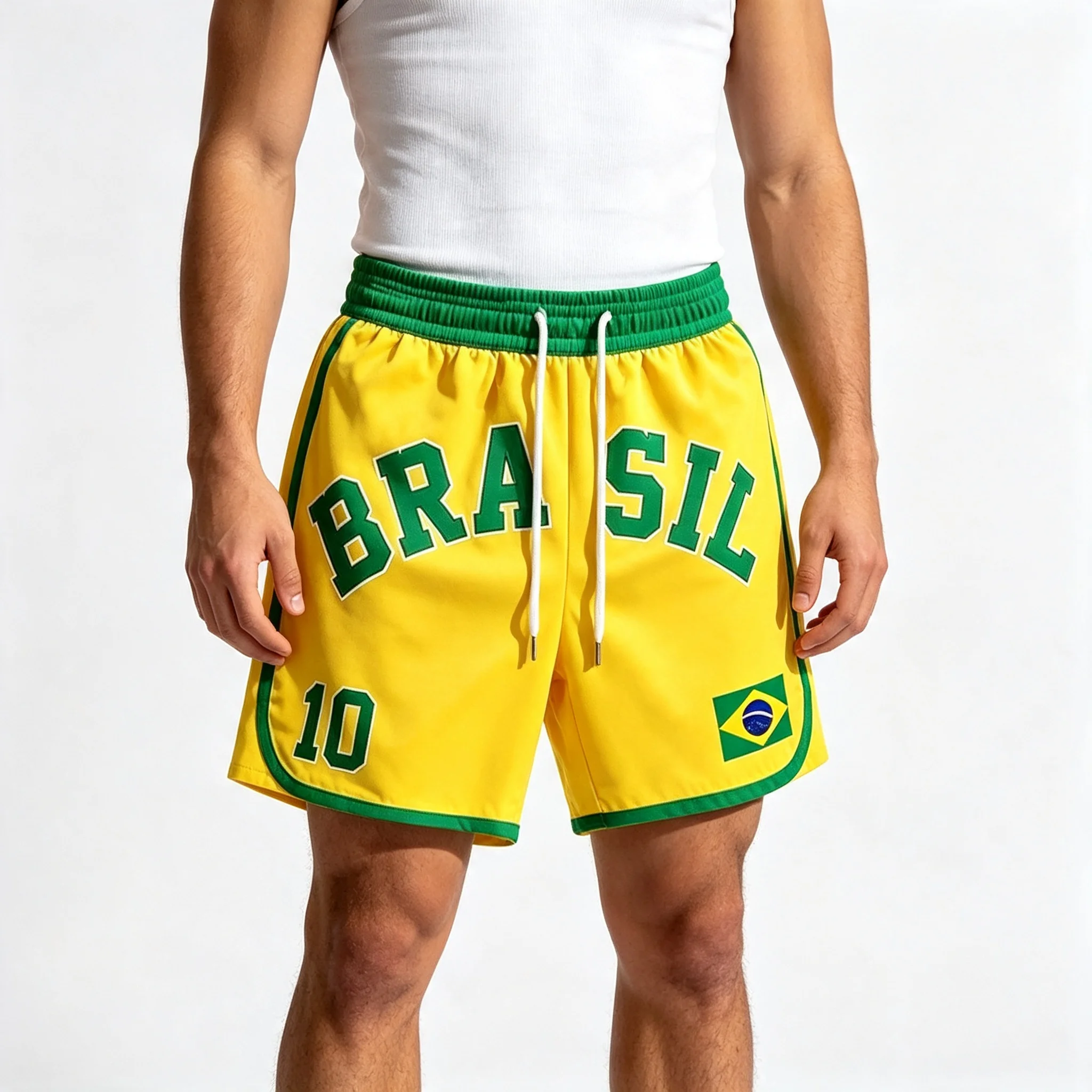 Vintage BRASIL Style 10 Soccer Shorts Men Yellow Flag Graphic Shorts Sport Training Running Shorts for Football Supporters Moto