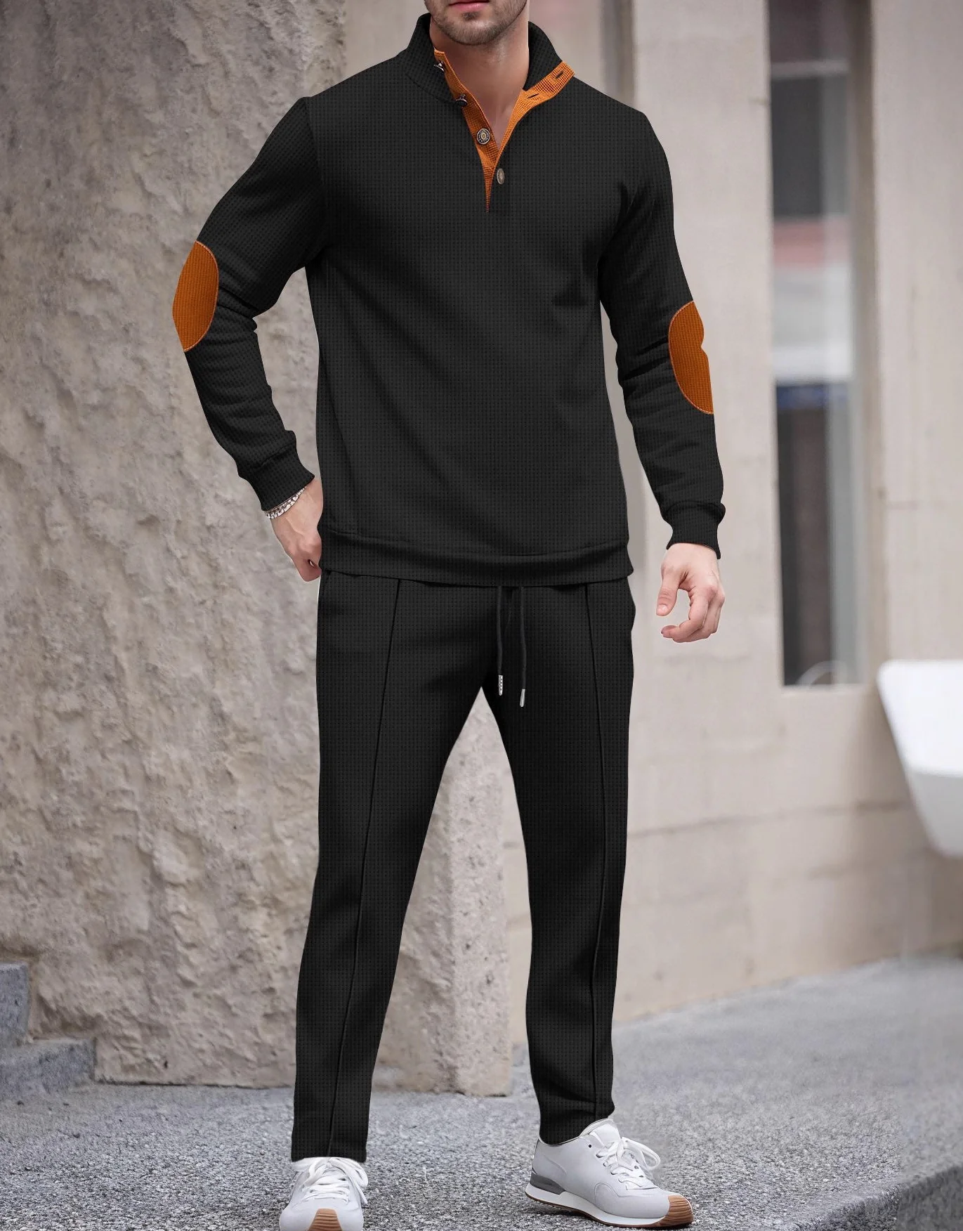 Conjunto de pantalones y sudadera con capucha de manga larga para hombre, nuevo estilo americano, cuello levantado, botón, protección del codo, color bloqueado, otoño