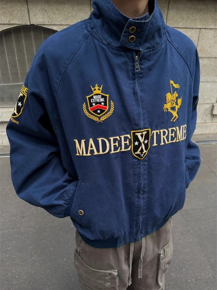 Vintage Zipper Embroidered Short Jacket Men American Retro Cleanfit Coat Loose Spring Fall Y2k Casual Outerwear Chic Streetwear