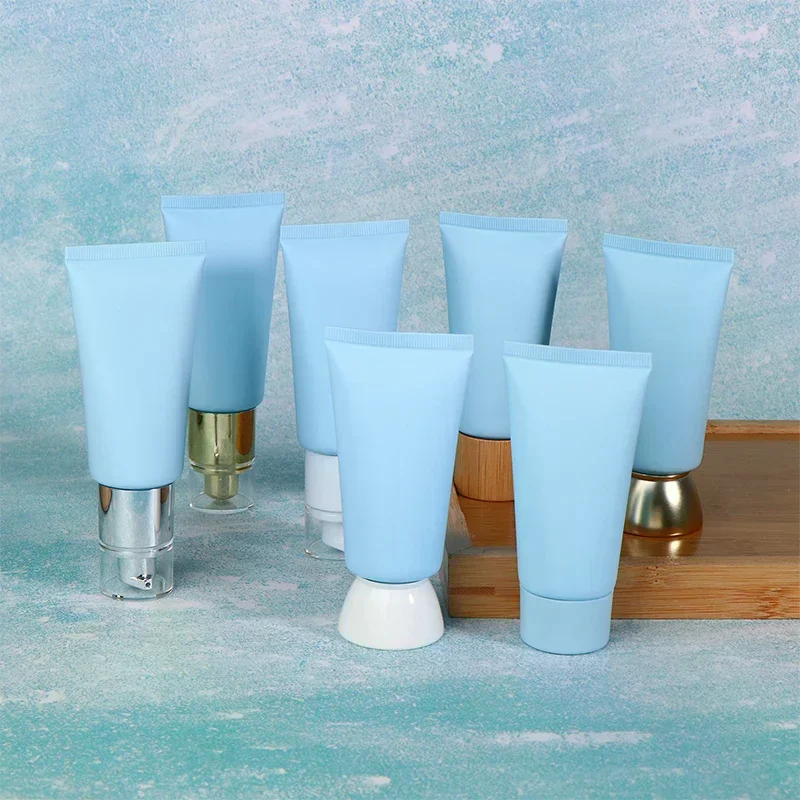 Tubos blandos portátiles vacíos esmerilados azules, loción de crema cosmética para apretar, botella de viaje, base rellenable, contenedor de crema BB