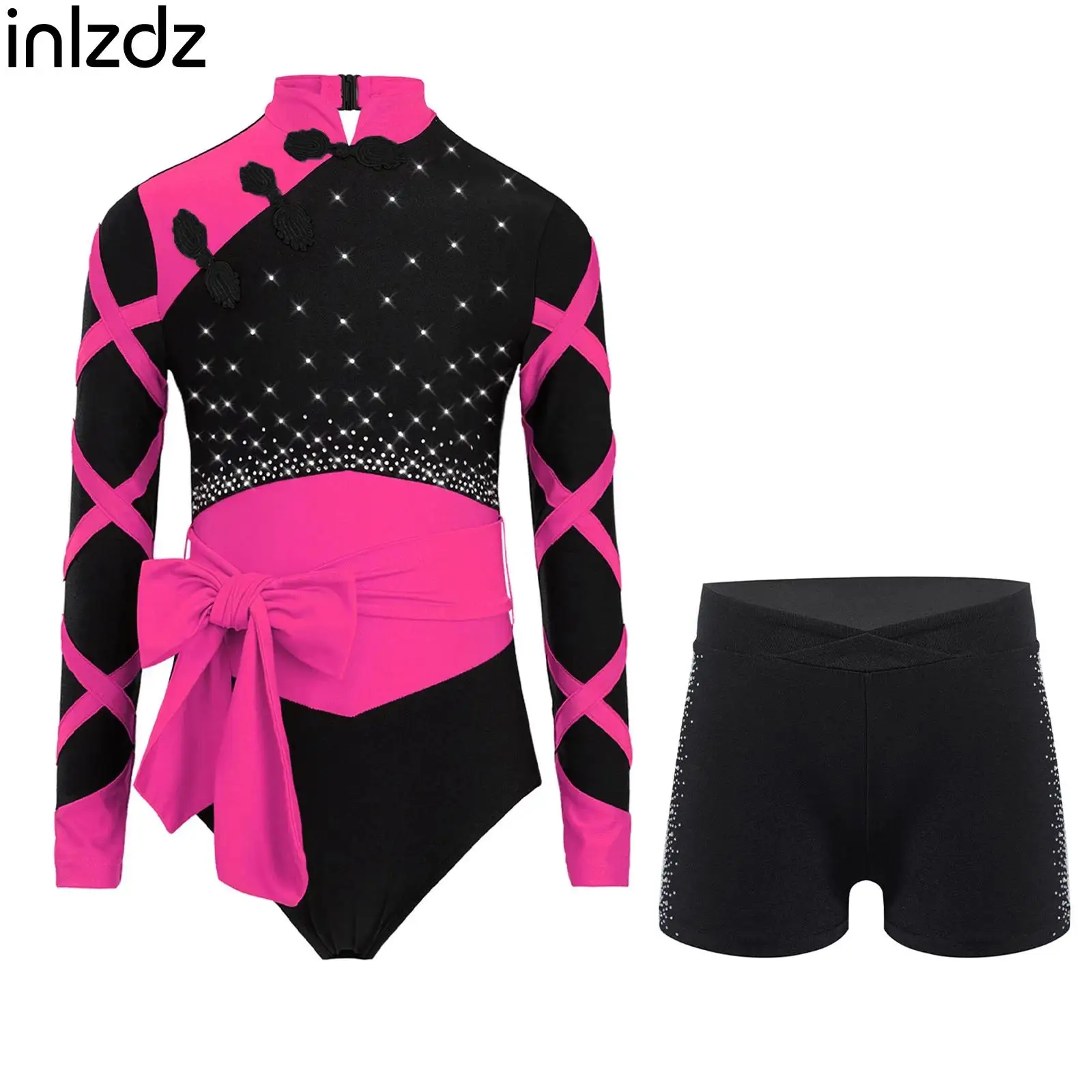 

Girls 2Pcs Gymnastics Outfit Chinese Style Ballet Dance Figure Skating Costume Long Sleeve Rhinestones Leotard+Belt+Shorts Set