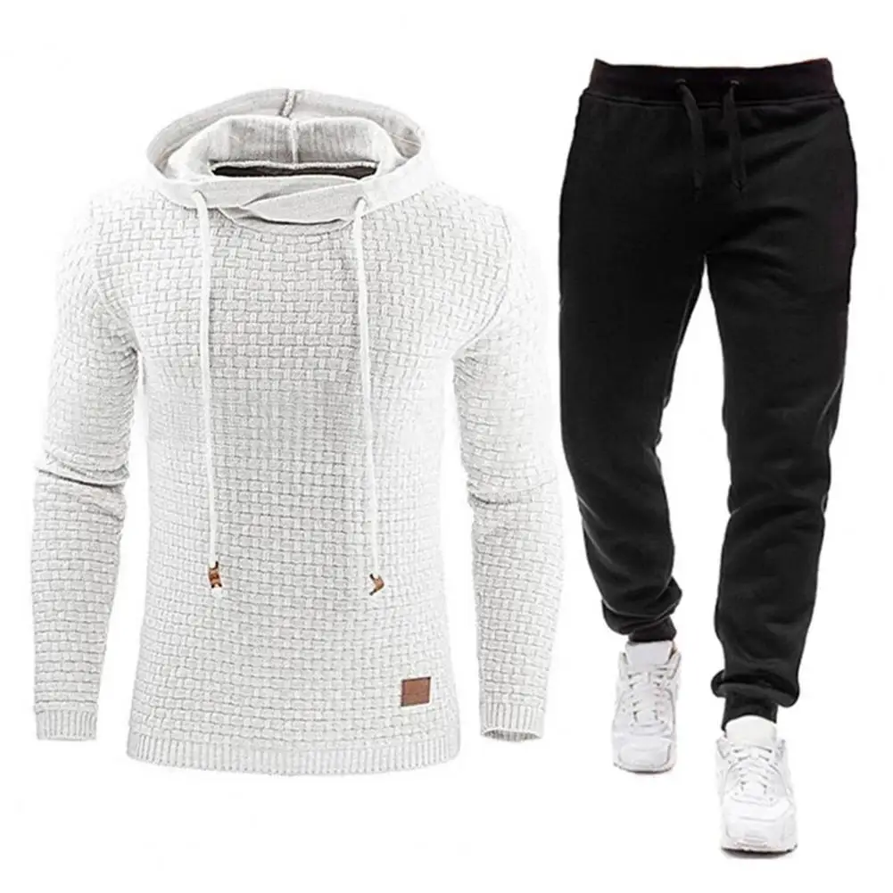 Casual Hooded Suit Men's Waffle Texture Hoodie Pants Set for Fall Winter Sports Solid Color Long Sleeves Elastic Waist