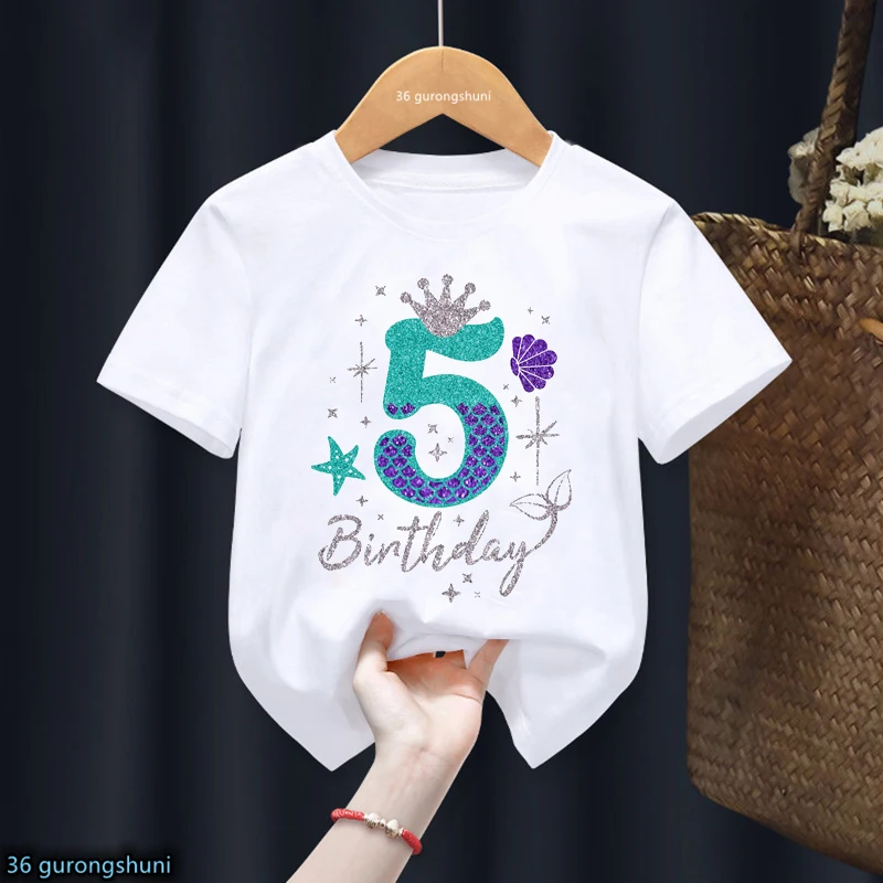 5th Birthday Gift Tshirt For Girls Golden Mermaid Princess Crown Print T Shirt White/Pink/Gray/Blue Kids Clothes Summer T-Shirt