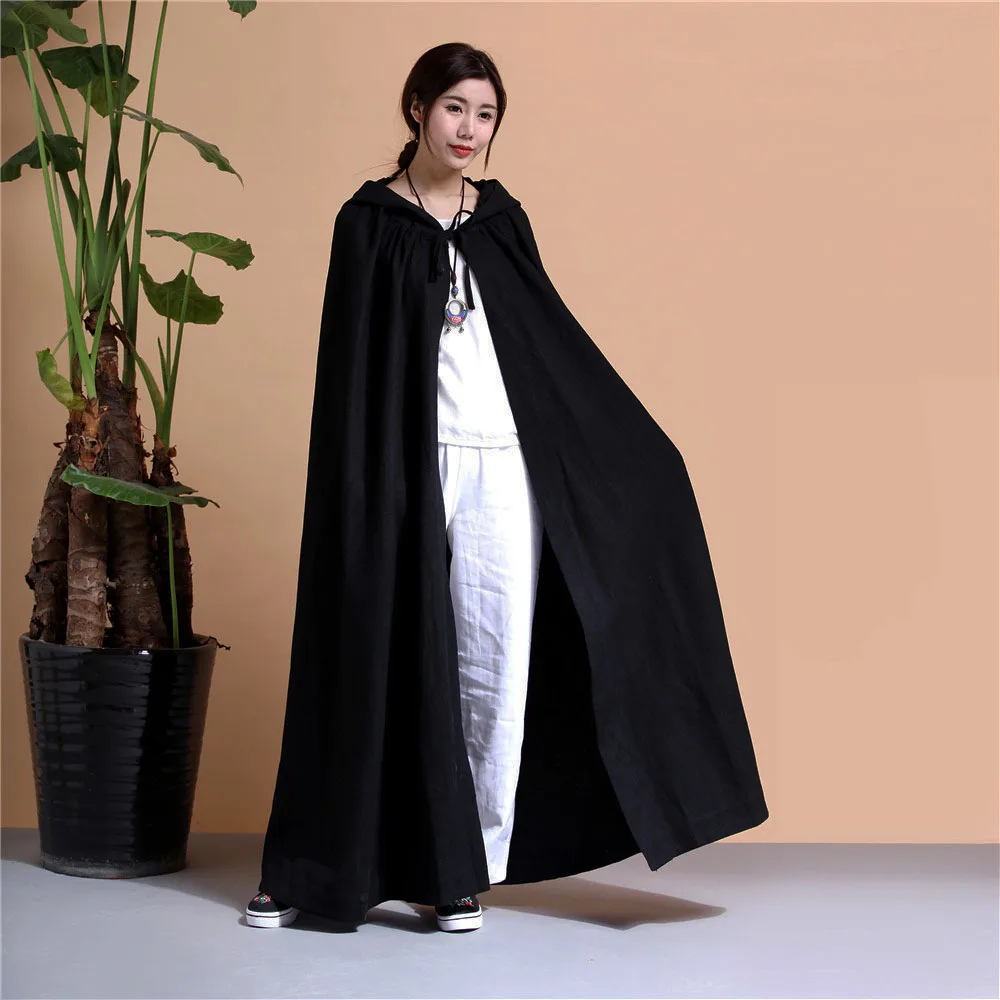 Black Cloak Hanfu Women's Ramie Loose Chinese Style Long Coat With Hat Magician Costume Going Out Casual Lace-Up Coat Spring