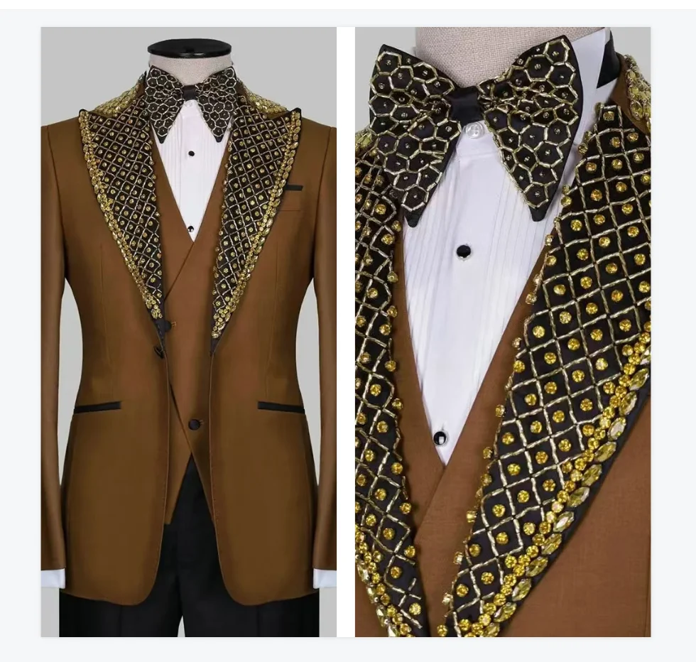 

Brown Luxury Men Suits Set 2 Pieces Blazer+Black Pants Trousers Crystals Wedding Tuxedos Formal Office Groom Prom Jacket Coat