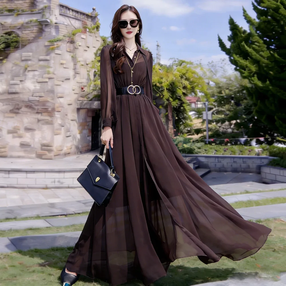 New Women Summer Shirt Style Long Dress Fashion Turn-down Collar Long Sleeve Slim Waist Dress Simplicity Daily Flowing Dress