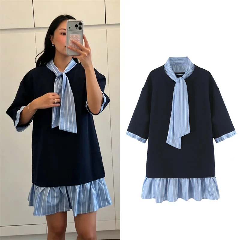 Guobioziy Women's  Dress 2026 Early Autumn New Fashion Tie-Waist Three-Quarter Sleeve Bow Patchwork Short Dress