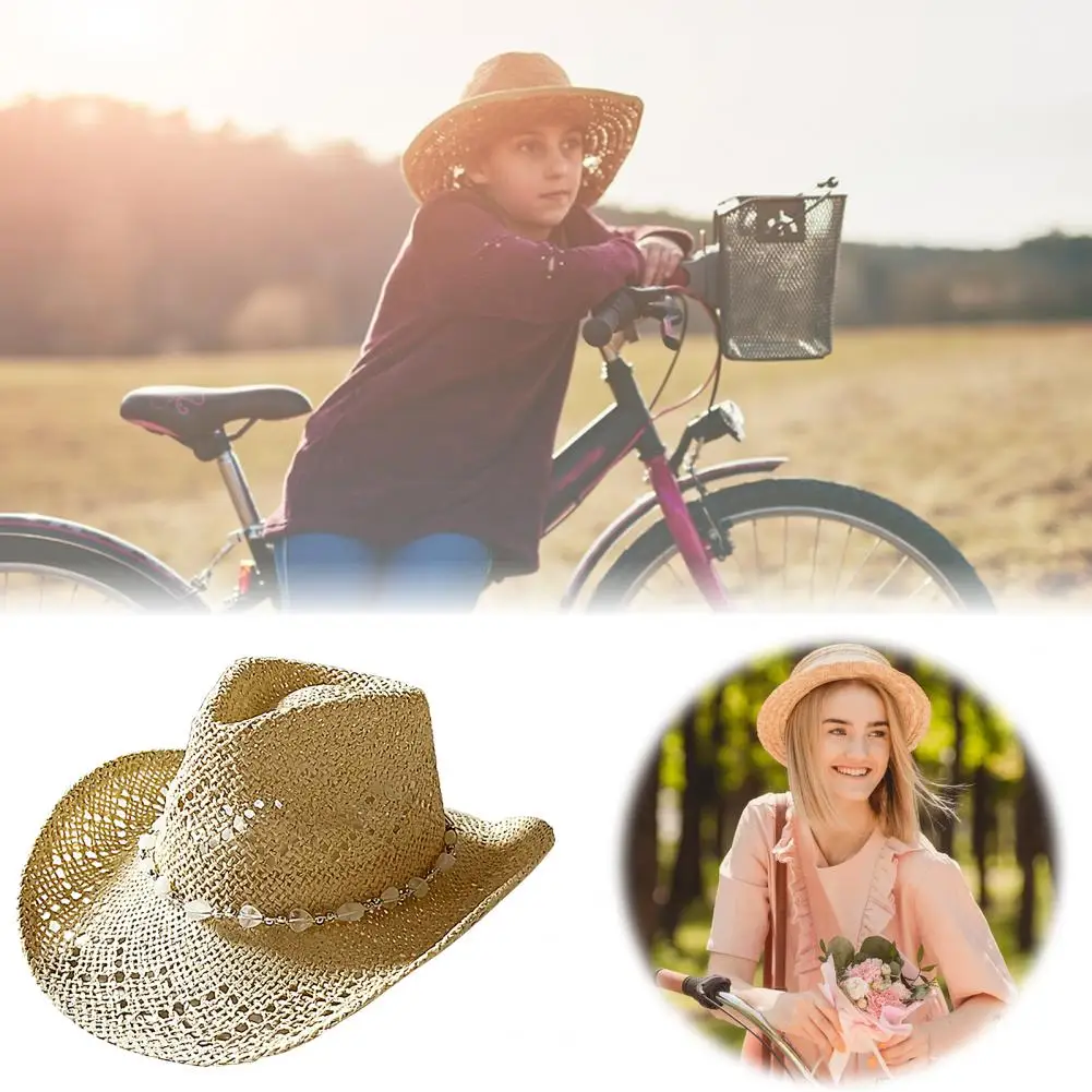 Summer Straw Hat Hollow Out Foldable Adjustable Bead Decor Curled Edge Windproof Strap Western Cowboy Style Bucket Hat