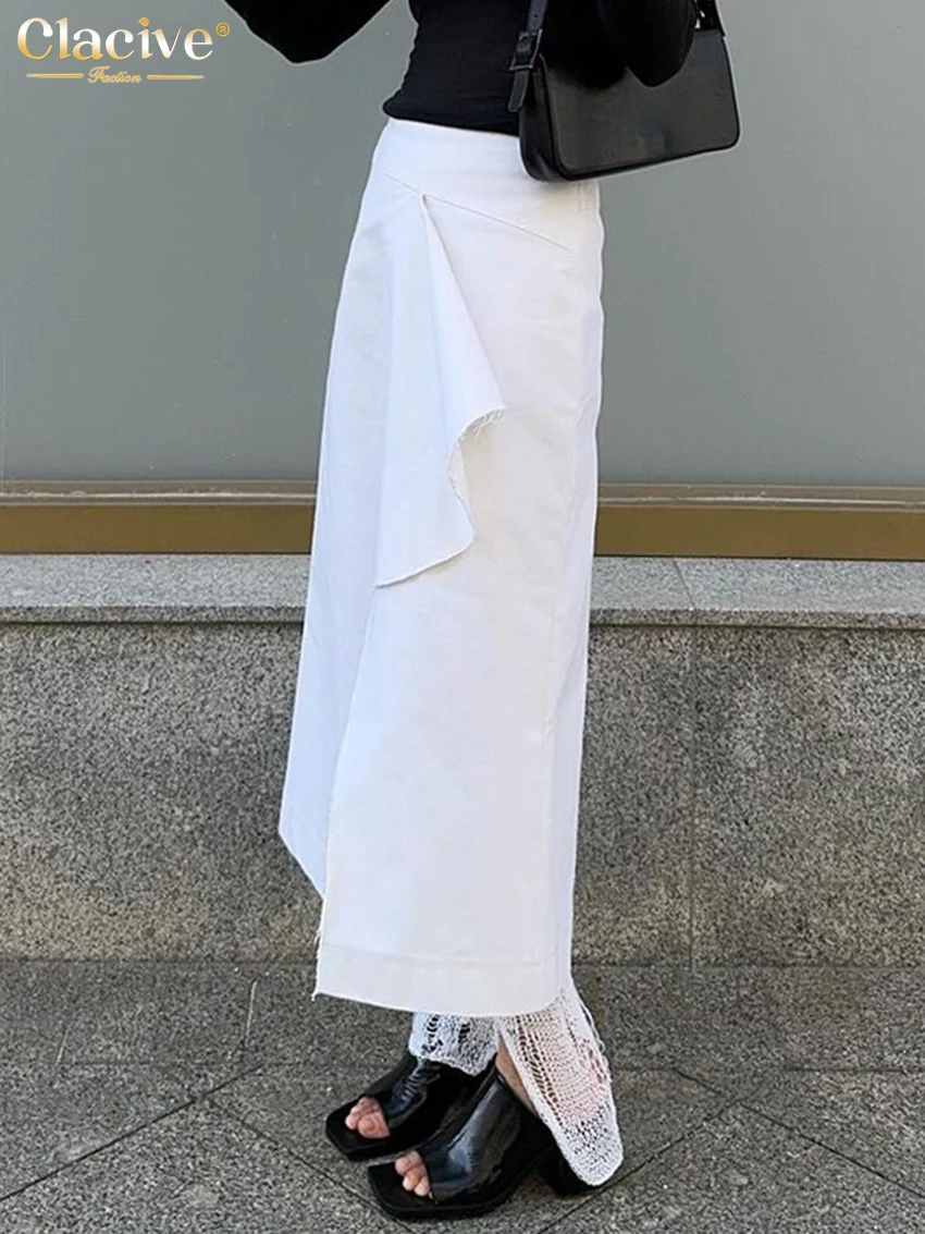 Clacive Fashion Loose White Cotton Women's Skirt Casual High Waist Ankle Length Skirt Elegant Classic Slit Skirt Female Clothing