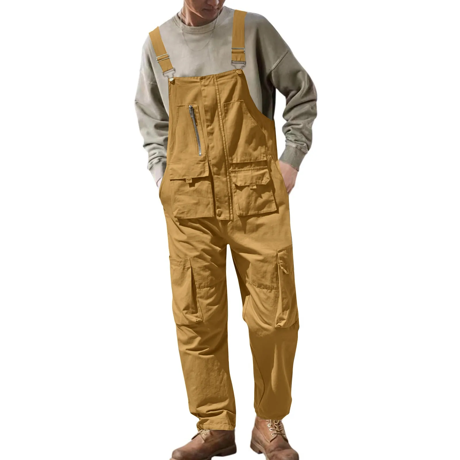 Men Oversized Overalls Solid Color All-Match Cargo Style Bib Jumpsuits Daily Commute Convenient Workwear Dungarees Romper