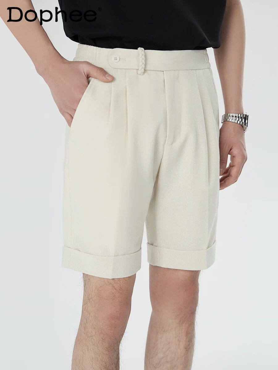 High-End 2024 Summer Linen Blended Casual Shorts Men's Skin-Friendly Breathable Knee Length Pants Fashion Solid Color Pants