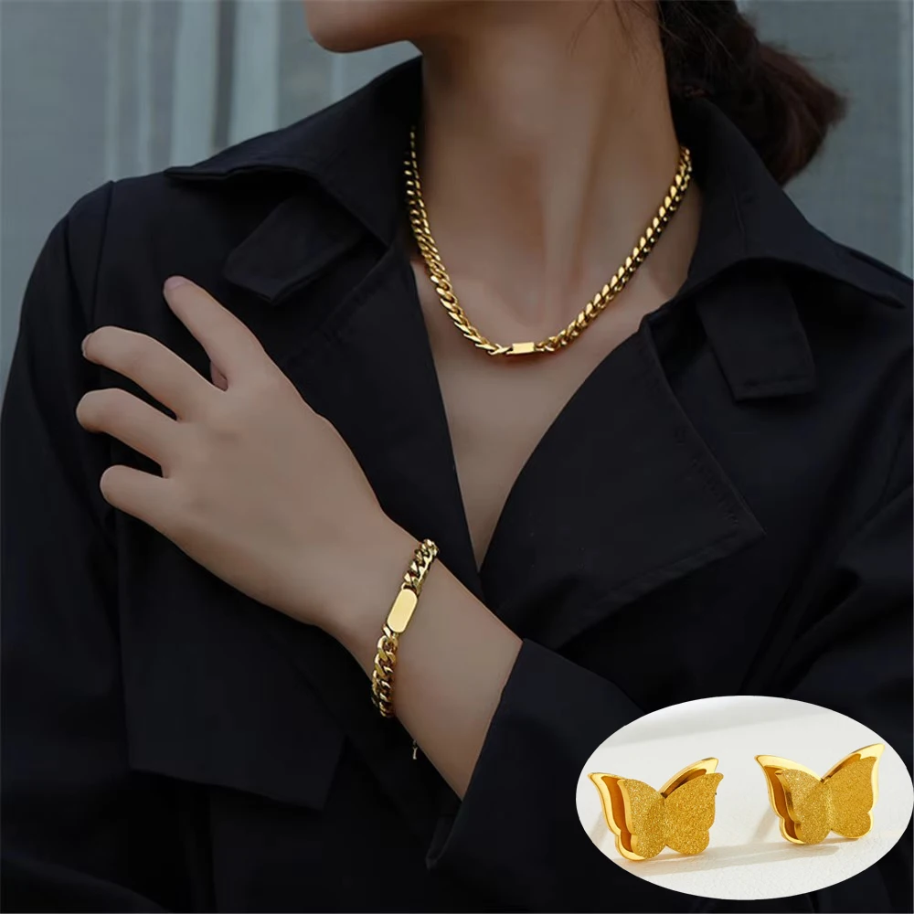 

316L Hip Hop Trend Thick Chain Stainless Steel Non-fading Necklace And Bracelet Set Gold Color