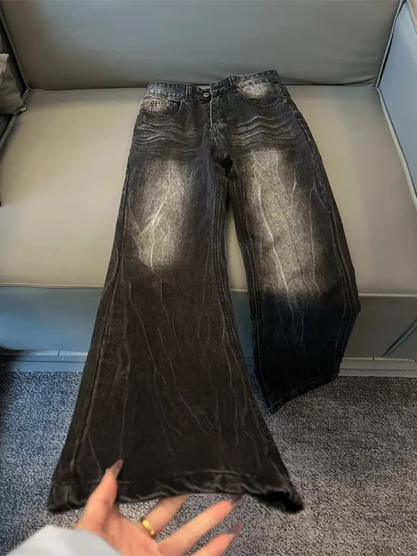 

Men's Slim Straight Micro Flare Jeans Black Lightning Split Dyed Washed American High Street Style Casual Straight Leg Jeans