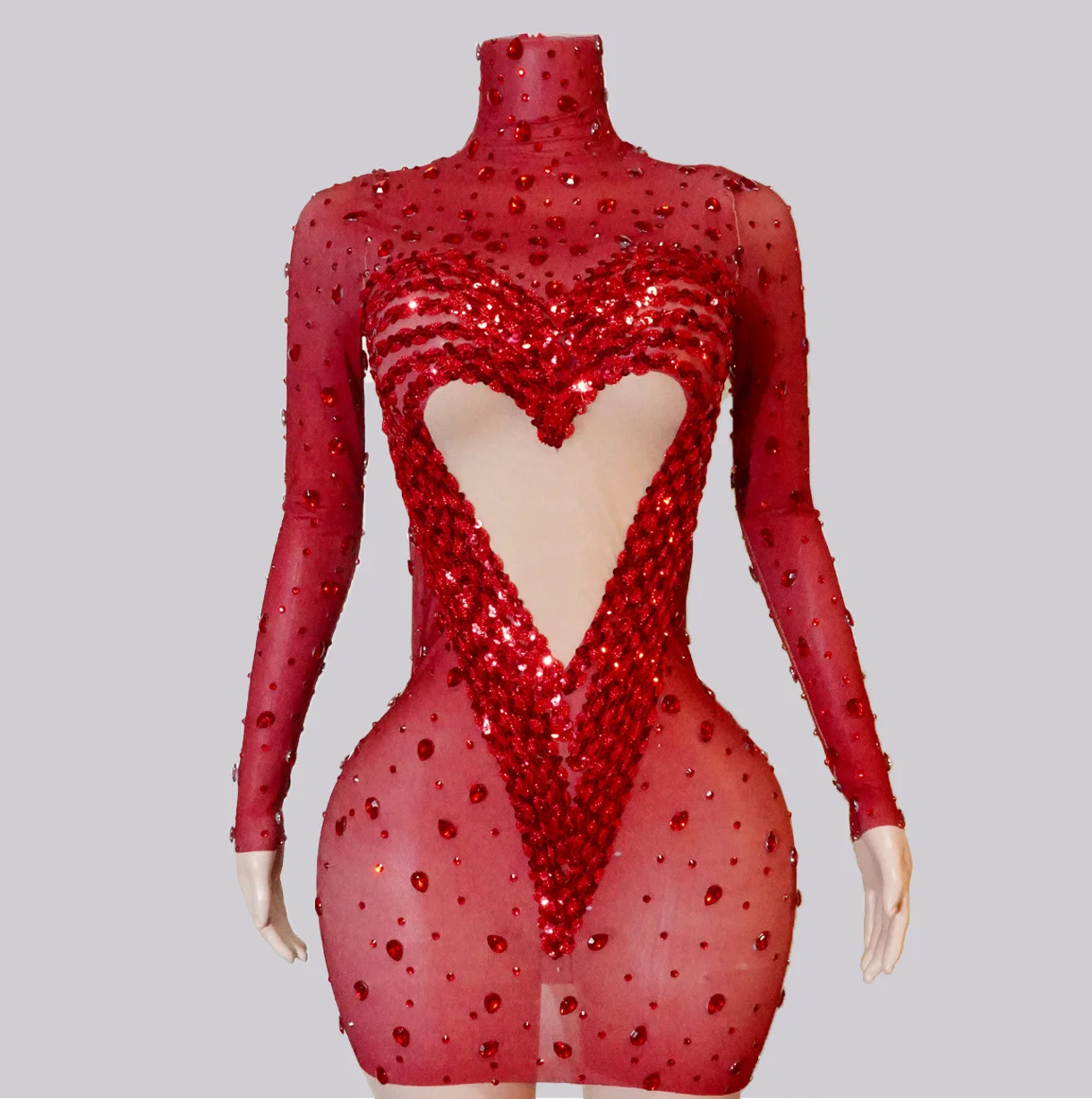 

Red Rhinestones Sexy Transparent Short Dress Long Sleeves Evening Birthday Celebrate Mesh Stretch Dance Festival Outfits Club