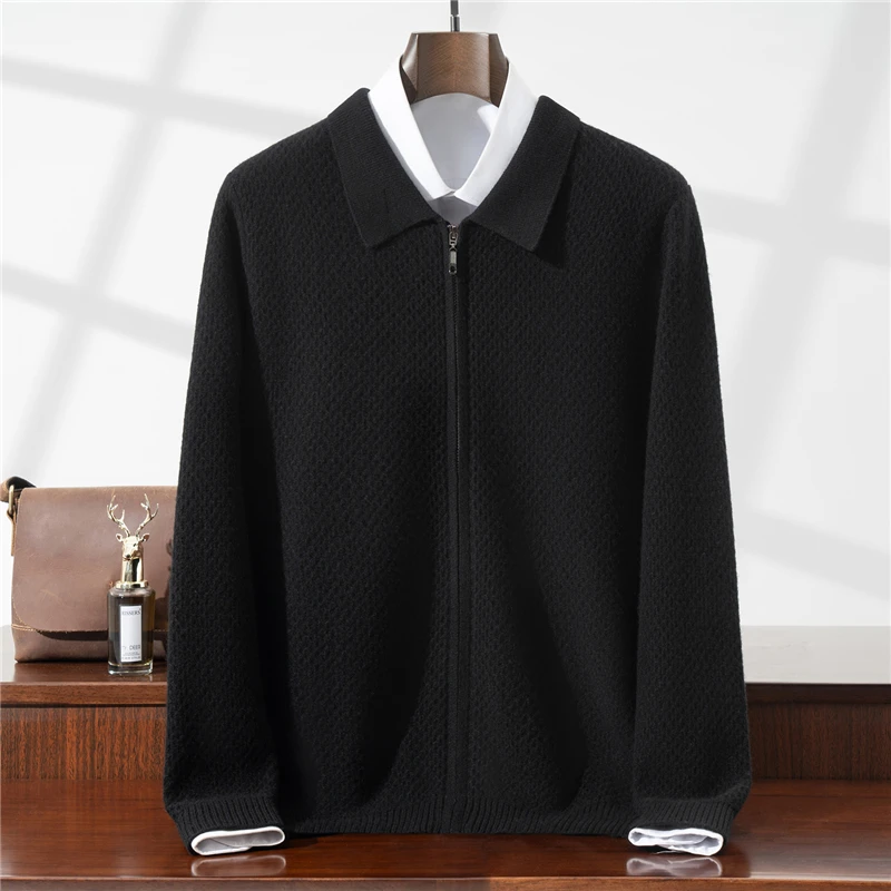 100% Wool Sweater Turn-Down Collar Cardigan Men's Knitted Casual Sweater Zipper Middle-Aged Men's Knitted Jacket