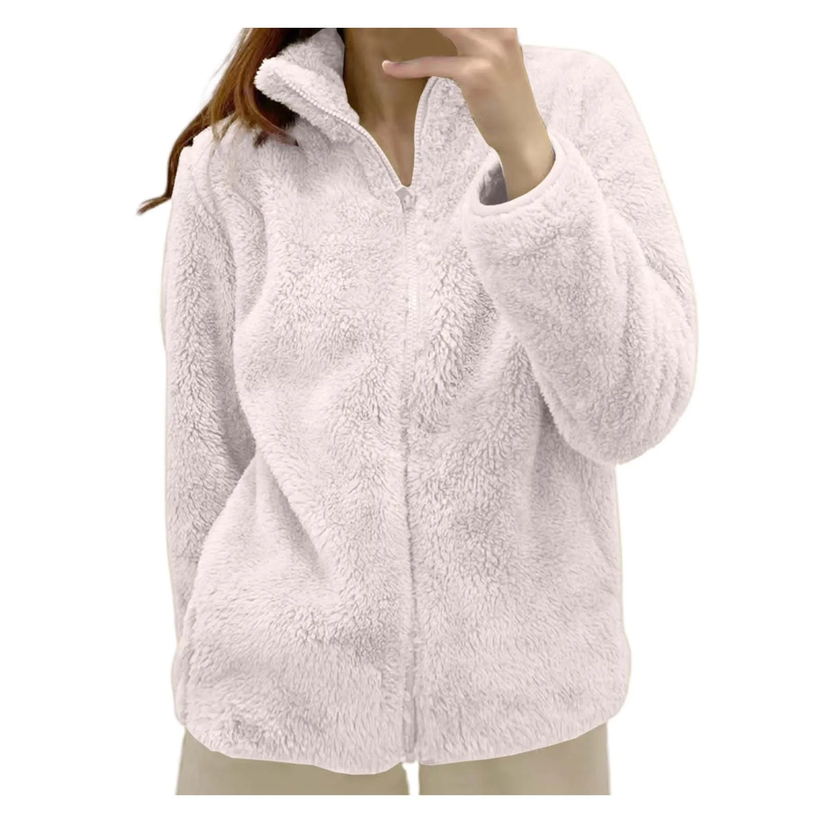 Chaqueta de lana acogedora con cuello levantado para mujer, ropa de abrigo sencilla de Color sólido, cremallera holgada, cómoda e informal con cremallera