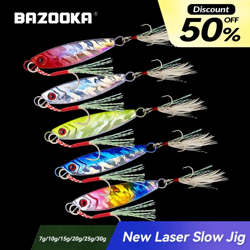 Bazooka Slow Jig Fishing Lure Metal Spoon Jigging Ice Hard Bait Lead Sinking Laser Saltwater Boat Bass Pike Shore Ice Winter