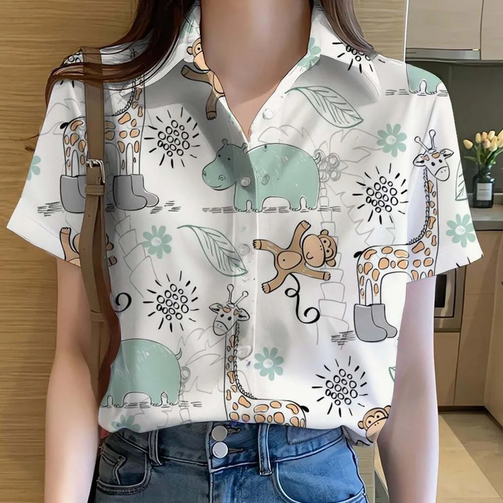 Womens Shirts Cute Animal Cat dinosaur 3D Printed Casual Hawaiian Short Sleeve Button Beach Shirt Summer Blouse Women's Clothes