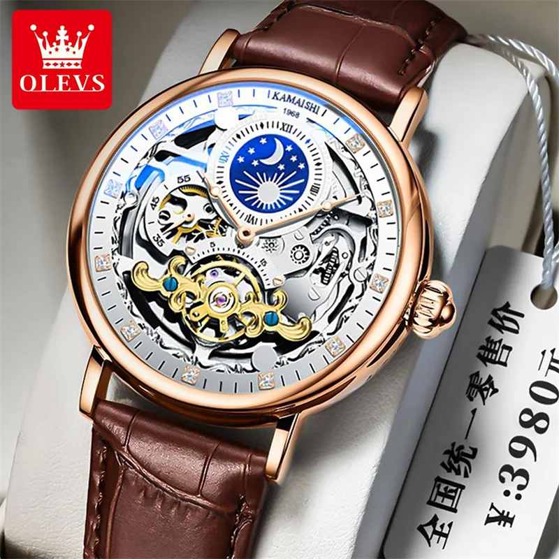 นาฬิกาข้อมือผู้ชาย OLEVS สำหรับผู้ชายนาฬิกาโครงกระดูกจักรกล Tourbillon ผู้ชายสายหนังกันน้ำแบรนด์ชั้นนำหรูหรา reloj hombre