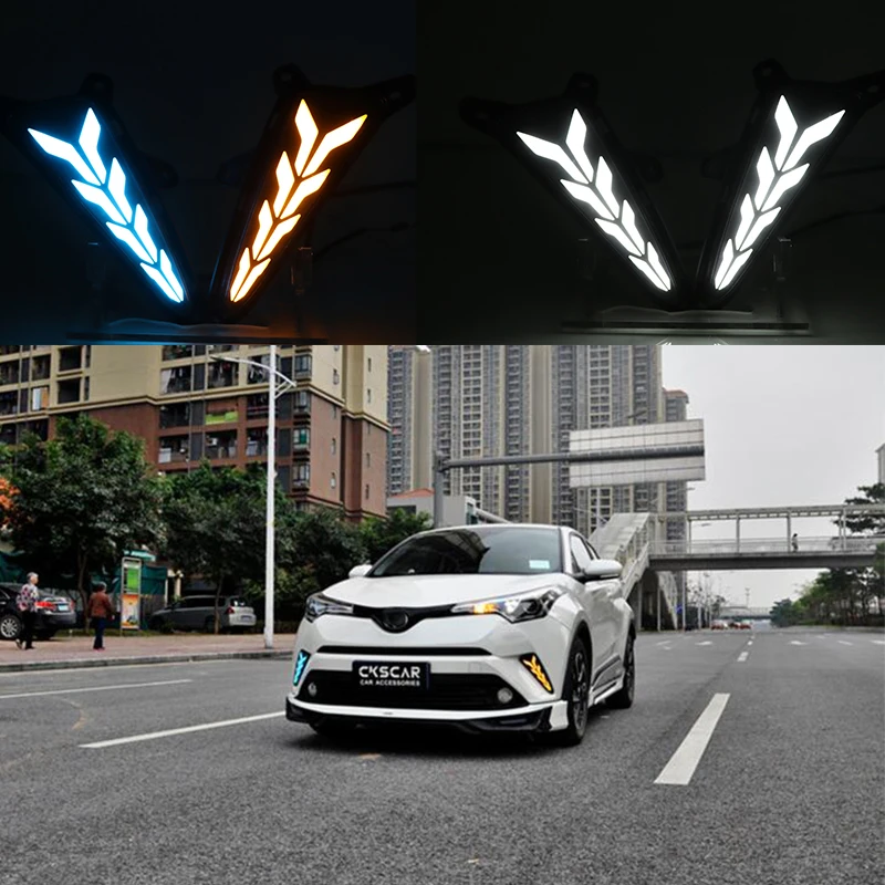 ไฟวิ่งเดย์ไลท์ LED DRL 1คู่สำหรับรถยนต์ Toyota C-HR chr/izoa 2017 2018 2019พร้อมไฟเลี้ยวสีเหลืองแบบไดนามิกไฟตัดหมอก