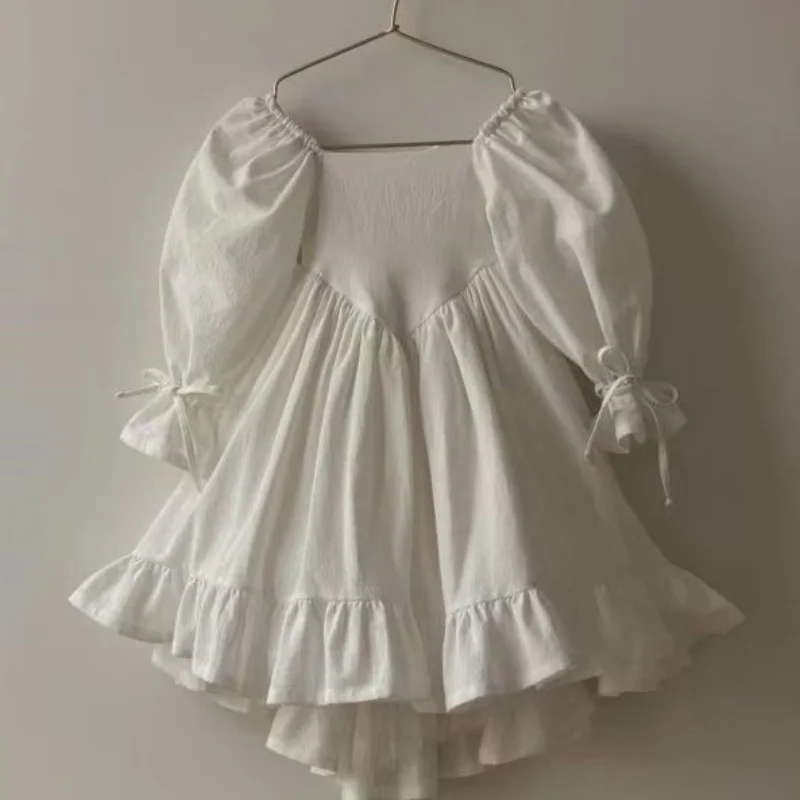 

Spring Autumn Girl Kid Sweet Solid Ruffle Puff Sleeves Lolita Dress Children Casual Cotton Linen Princess Dresses Baby Clothes