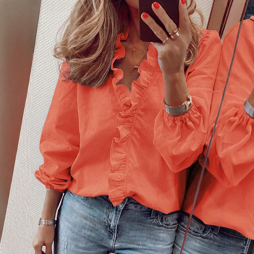 Camicie autunnali da donna Camicetta con scollo a V con dettagli a balze 2025 e maniche a sbuffo per un stile quotidiano giocoso ma chic