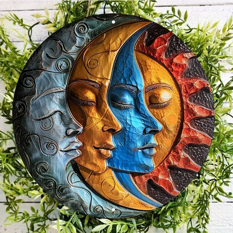 

Sun and Moon Face Round Aluminum Wall Art, UV and Scratch Resistant, Easy-Hang, Outdoor and Indoor Decoration, Home Decor, 8x8"