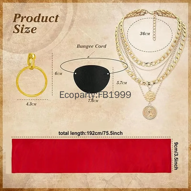 5 Stück Piraten-Kostüm-Zubehör für Damen und Herren, Retro-Kapitän, Pirat, Cosplay, Kopftuch, Halskette, Set, Halloween-Party, Kostüm-Requisiten