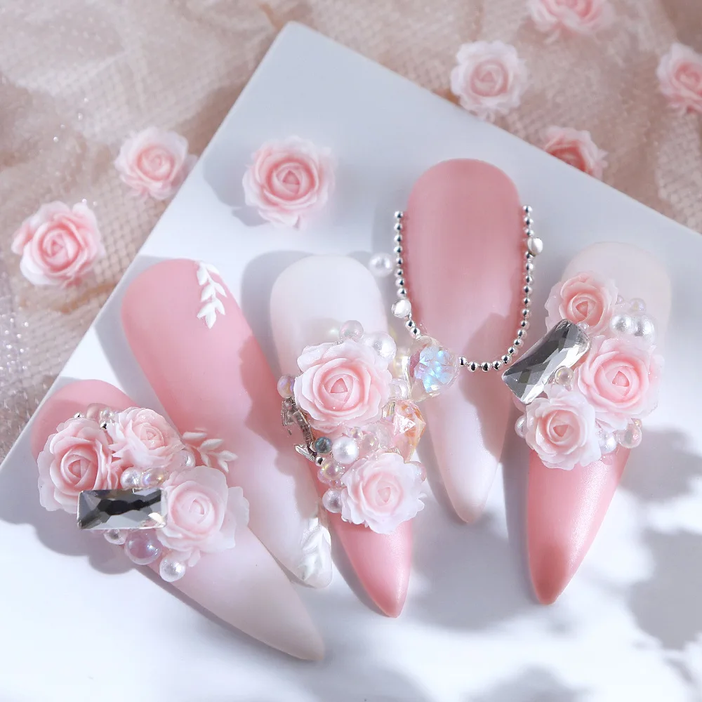 30 pezzi di rose intagliate sfumate con accessori per unghie con perle di perline in acciaio