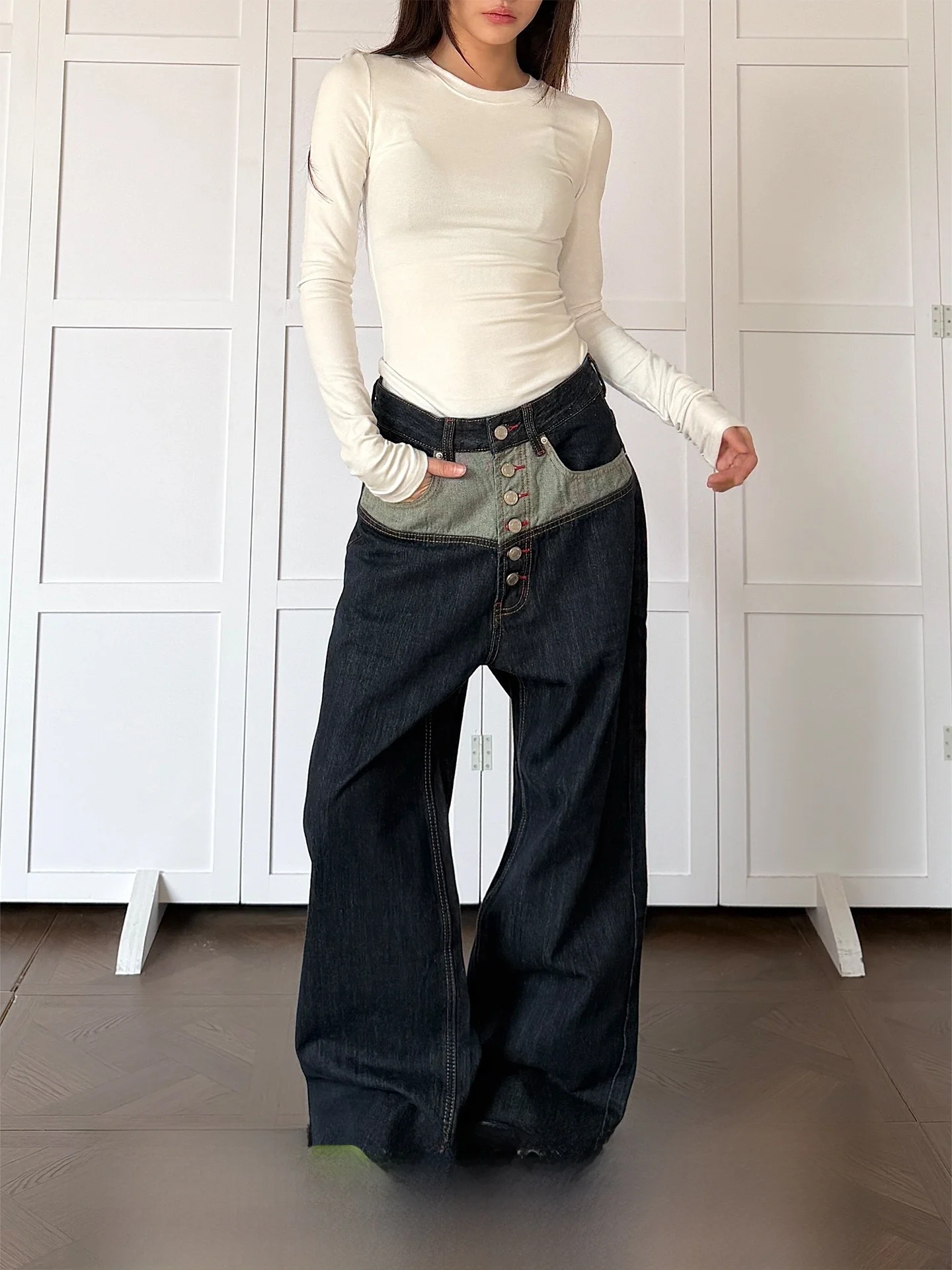 

Don Cry Color Block Straight Leg Jeans Unisex Classic Clean Fit Long Pants Button Closure Natural Waist Cotton Denim Jeans