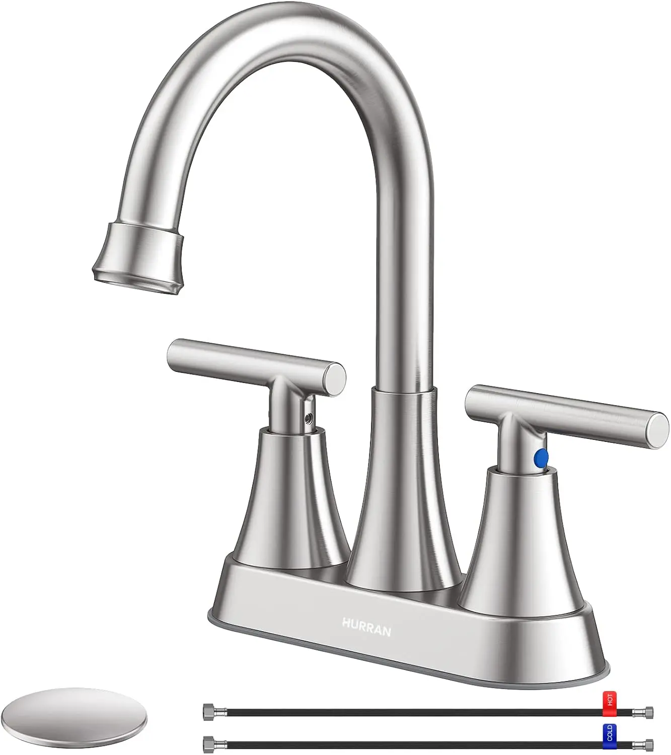 

Bathroom Faucets for Sink 3 Hole, Hurran 4 inch Brushed Nickel Bathroom Sink Faucet with Pop-up Drain and Supply Lines, Stainles