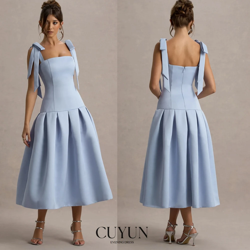 

CUYUN Elegant Blue Prom Dresses Customized Square Collar Sleeveless A Line Women Party Dresses for Special Occasion Gown Gala