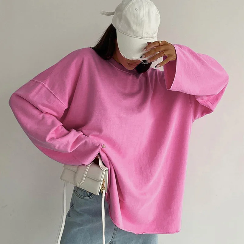 Pink Tee Shirts Streetwear 2024 Round Neck Long Sleeve Casual Pullover Tops Women Autumn Thin T-Shirts Lady