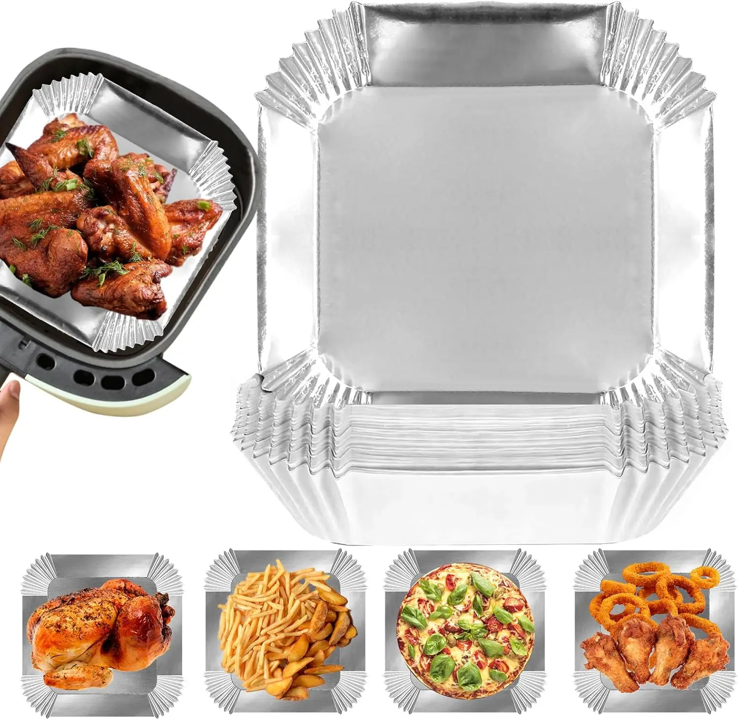 

Air Fryer Paper Liners, 100Pcs Aluminum Foil Air Fryer Disposable Paper Liner, 6.3” Square Non-stick Sheets, Food Grade Aluminum