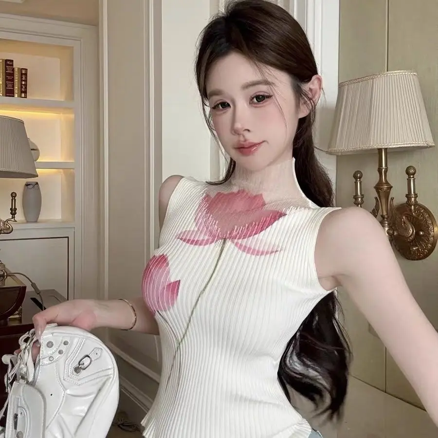 Designer Print Mesh Turtleneck Tank Top Women Basic Sleeveless T-shirt Spring Summer Knitted Tees Casual Outwear
