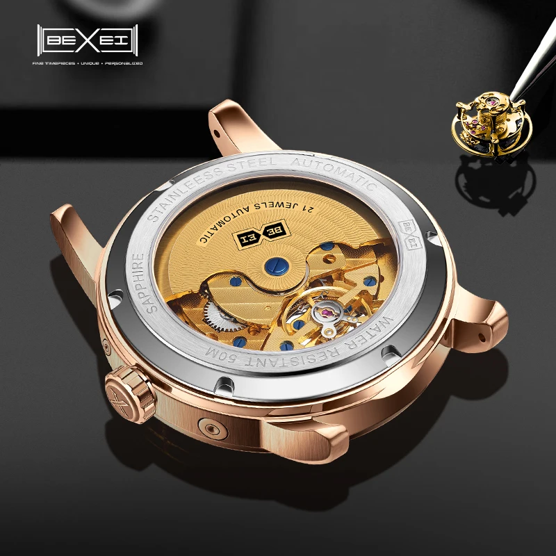 BEXEI 9301 mechanical Automatic Movement Roman Numerals Multifunction Man watch sapphire Displays for date day of the week month