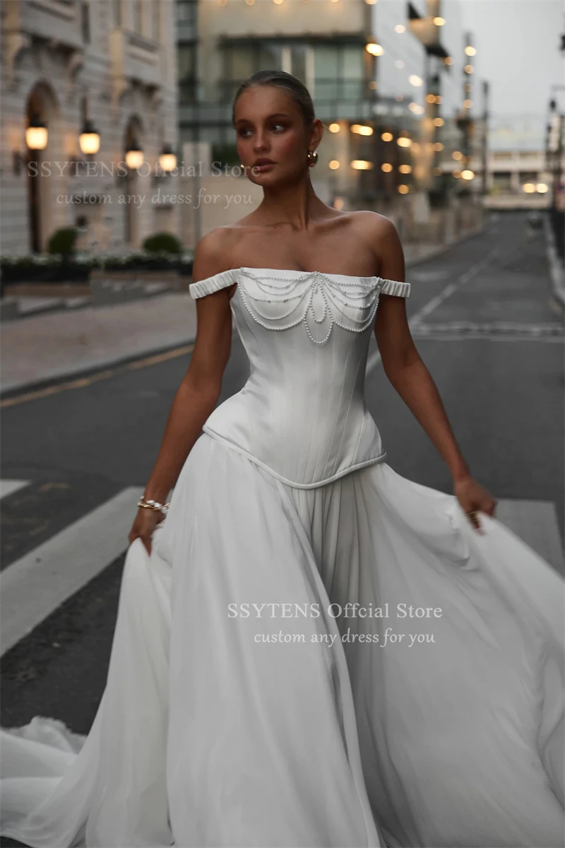 SSYTENS Charming Princess Wedding Dresses for Women Pearls Strapless Chiffon Bridal Gown for Brides Robe De Mariee Customized