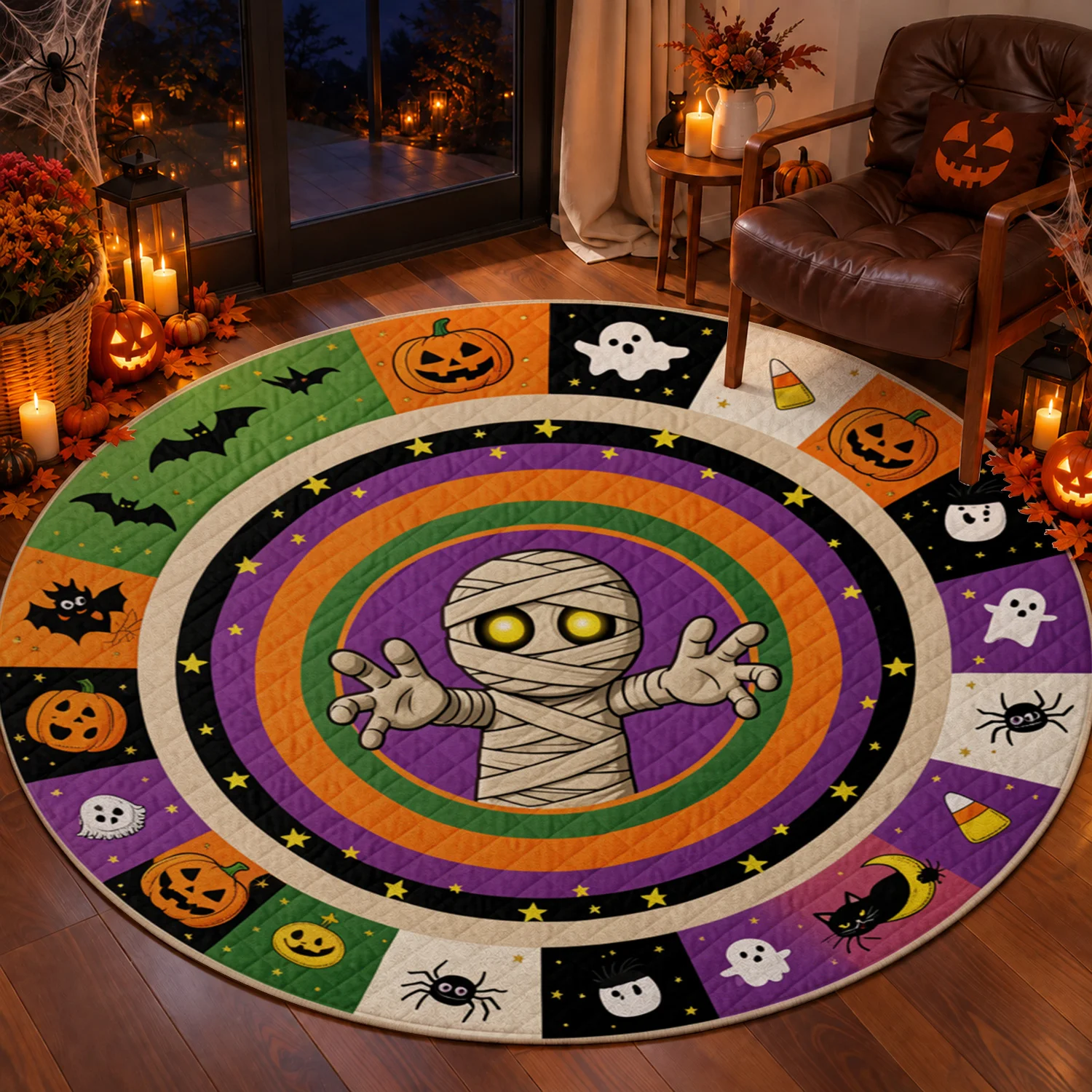 Halloween Mummy Pumpkin Ghost Bat Spider Pattern Round Velvet Rug Machine Washable for Living Room Bedroom Entryway Dining Area Halloween Thanksgiving Black Friday Cyber Monday Christmas New Year